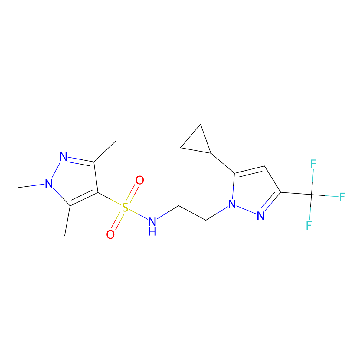 N-{2-[5-cyclopropyl-3-(trifluoromethyl)-1H-pyrazol-1-yl]ethyl}-1,3,5-trimethyl-1H-pyrazole-4-sulfonamide molecular structure, CAS 1797236-96-4