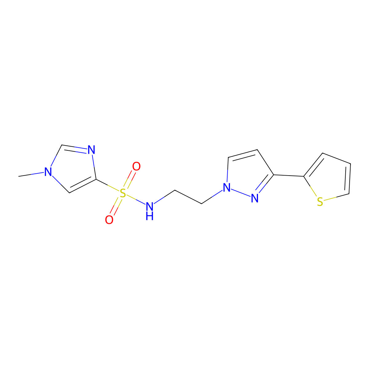 1-methyl-N-(2-(3-(thiophen-2-yl)-1H-pyrazol-1-yl)ethyl)-1H-imidazole-4-sulfonamide molecular structure, CAS 1797237-21-8
