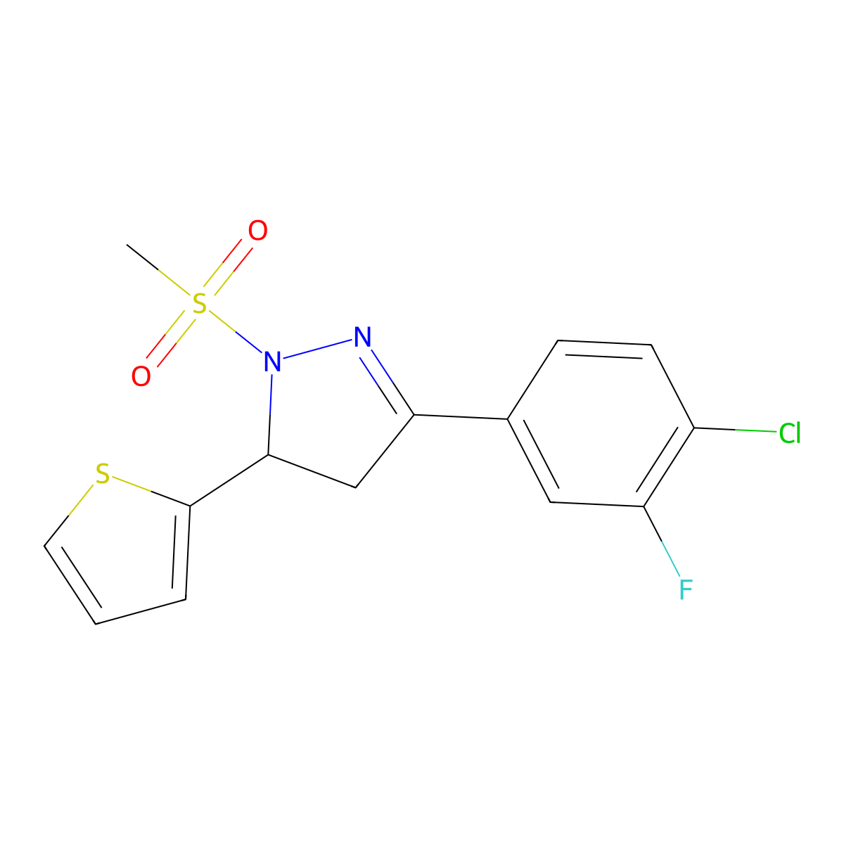 3-(4-chloro-3-fluorophenyl)-1-(methylsulfonyl)-5-(thiophen-2-yl)-4,5-dihydro-1H-pyrazole molecular structure, CAS 1797241-10-1