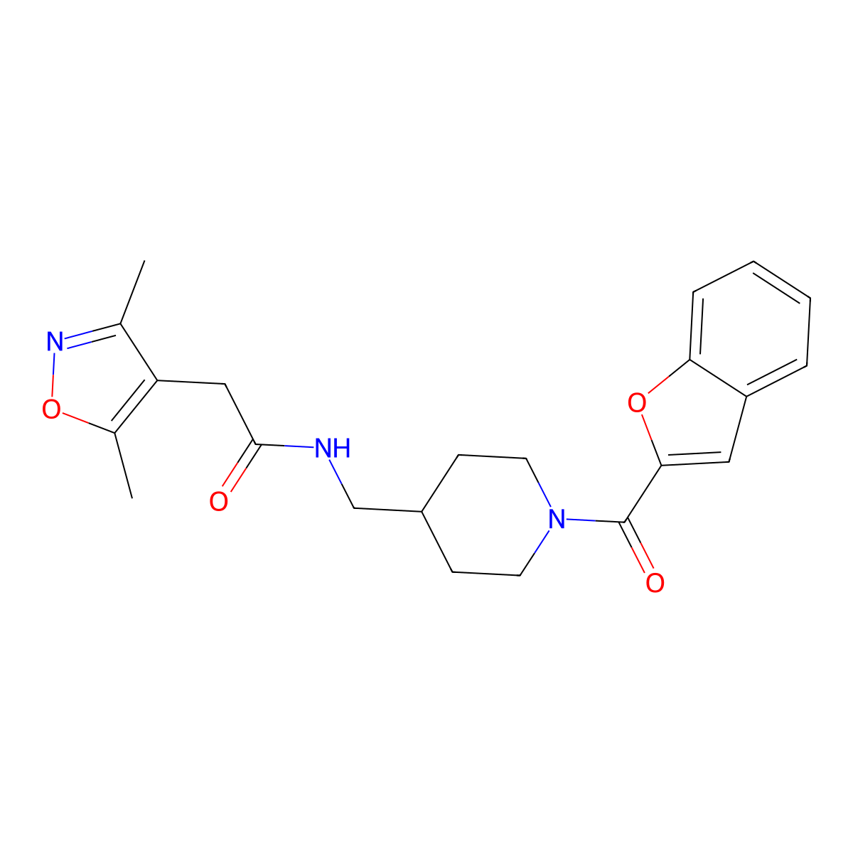 N-((1-(benzofuran-2-carbonyl)piperidin-4-yl)methyl)-2-(3,5-dimethylisoxazol-4-yl)acetamide molecular structure, CAS 1797243-22-1