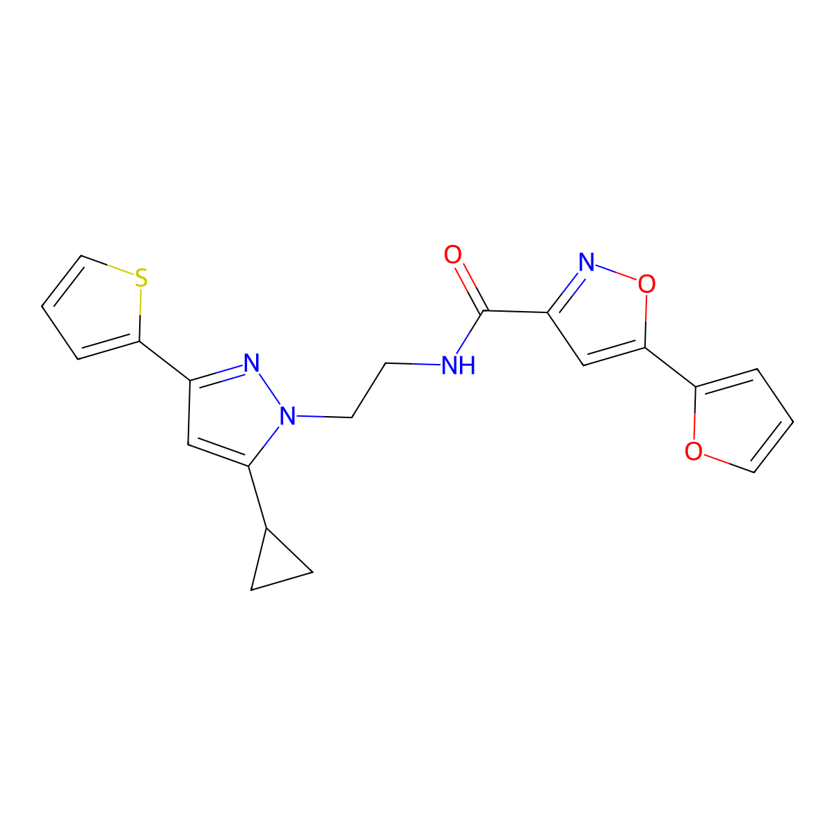 N-(2-(5-cyclopropyl-3-(thiophen-2-yl)-1H-pyrazol-1-yl)ethyl)-5-(furan-2-yl)isoxazole-3-carboxamide molecular structure, CAS 1797244-99-5
