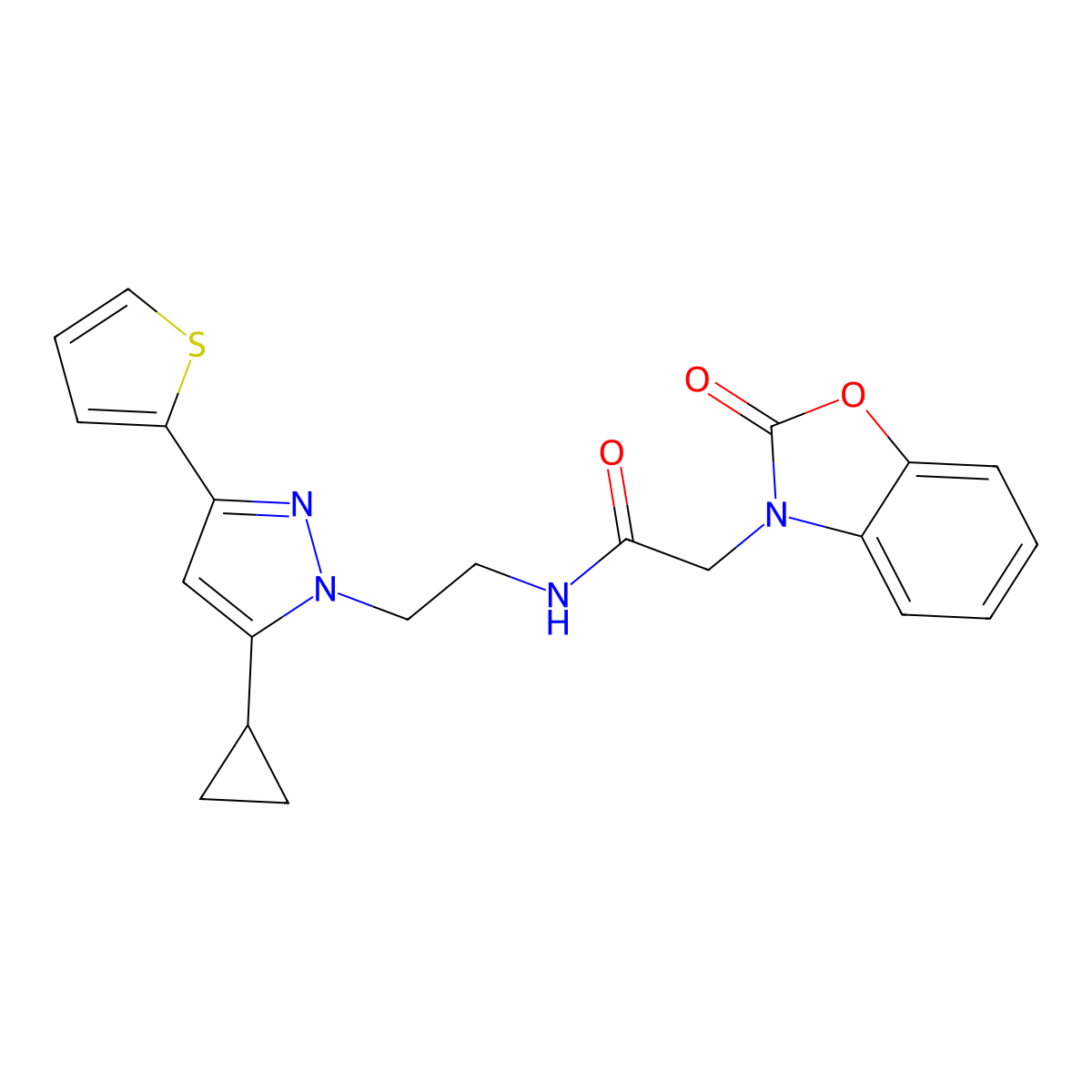 N-(2-(5-cyclopropyl-3-(thiophen-2-yl)-1H-pyrazol-1-yl)ethyl)-2-(2-oxobenzo[d]oxazol-3(2H)-yl)acetamide molecular structure, CAS 1797245-03-4