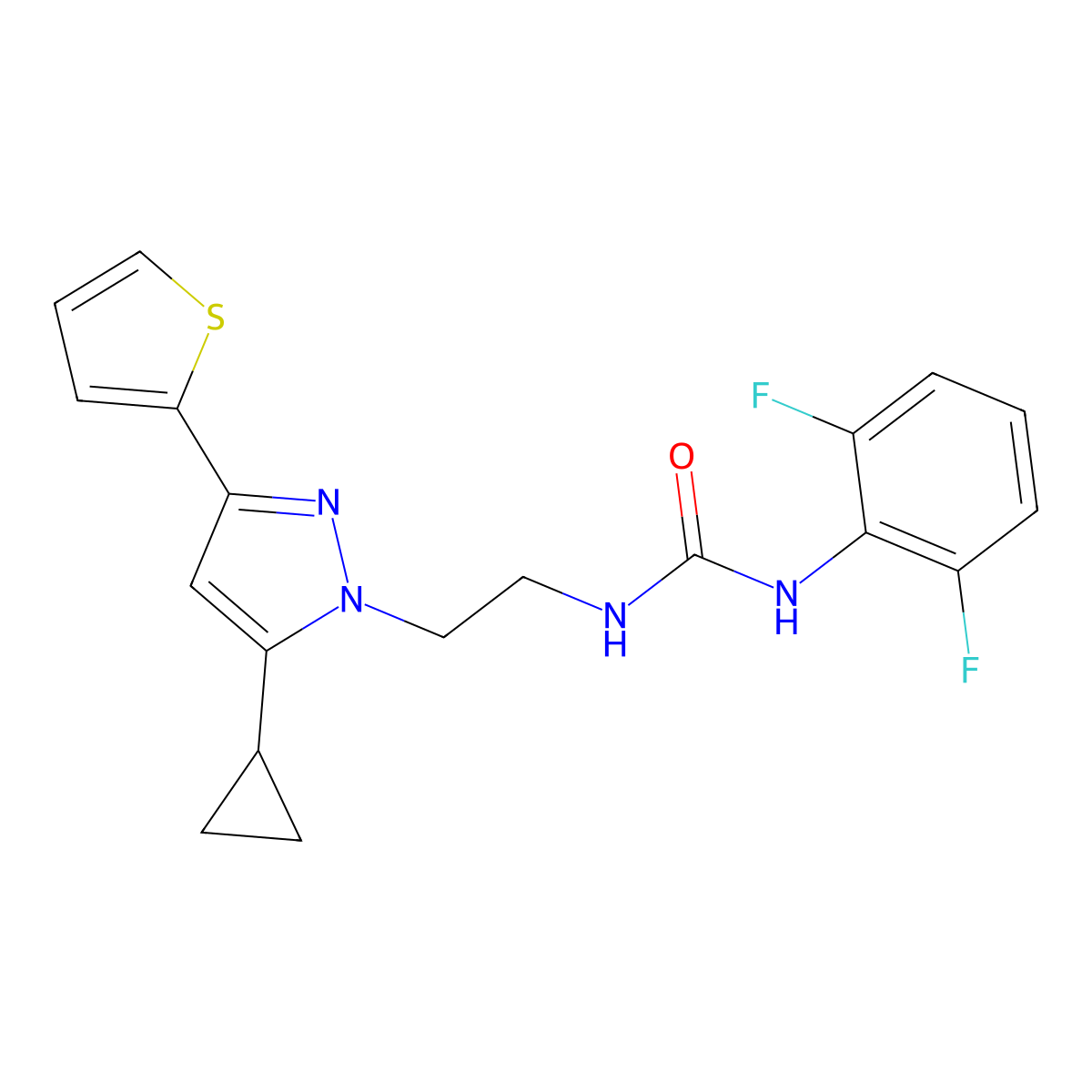 1-(2-(5-cyclopropyl-3-(thiophen-2-yl)-1H-pyrazol-1-yl)ethyl)-3-(2,6-difluorophenyl)urea molecular structure, CAS 1797245-09-0
