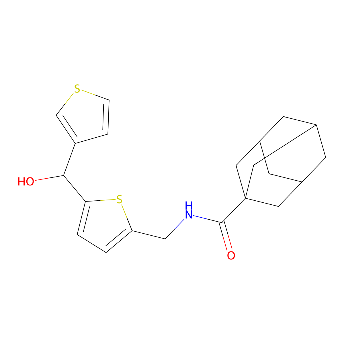 N-({5-[hydroxy(thiophen-3-yl)methyl]thiophen-2-yl}methyl)adamantane-1-carboxamide molecular structure, CAS 1797246-63-9