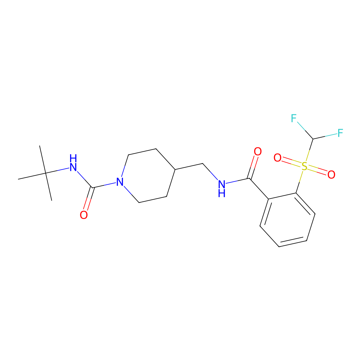 N-(tert-butyl)-4-((2-((difluoromethyl)sulfonyl)benzamido)methyl)piperidine-1-carboxamide molecular structure, CAS 1797246-66-2