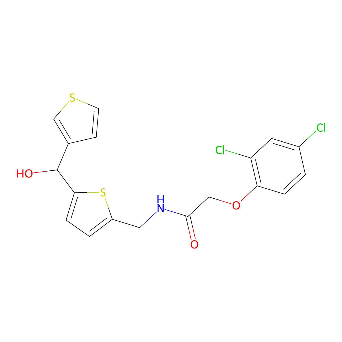 2-(2,4-dichlorophenoxy)-N-({5-[hydroxy(thiophen-3-yl)methyl]thiophen-2-yl}methyl)acetamide molecular structure, CAS 1797246-76-4