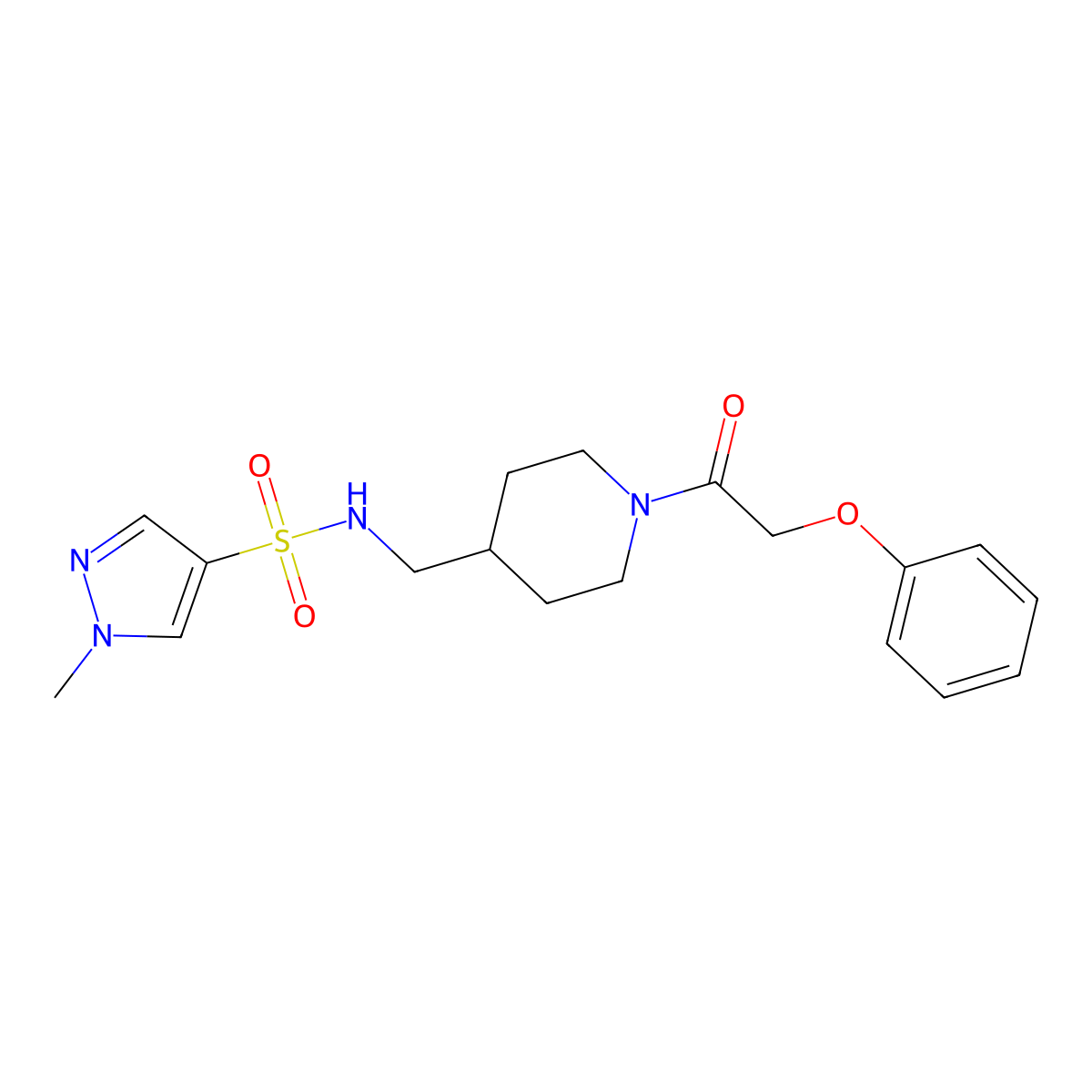 1-methyl-N-{[1-(2-phenoxyacetyl)piperidin-4-yl]methyl}-1H-pyrazole-4-sulfonamide molecular structure, CAS 1797246-86-6