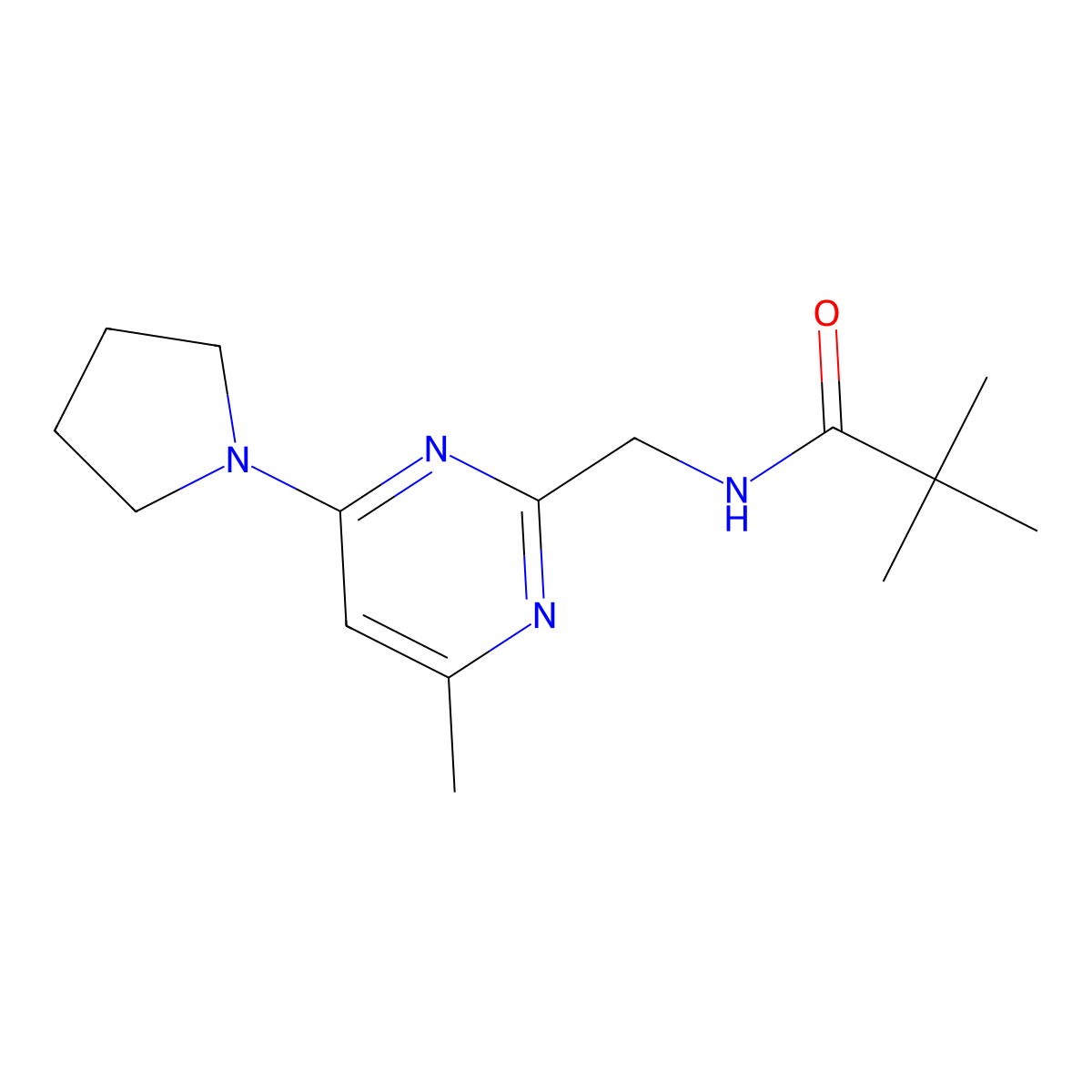 N-((4-methyl-6-(pyrrolidin-1-yl)pyrimidin-2-yl)methyl)pivalamide molecular structure, CAS 1797248-81-7