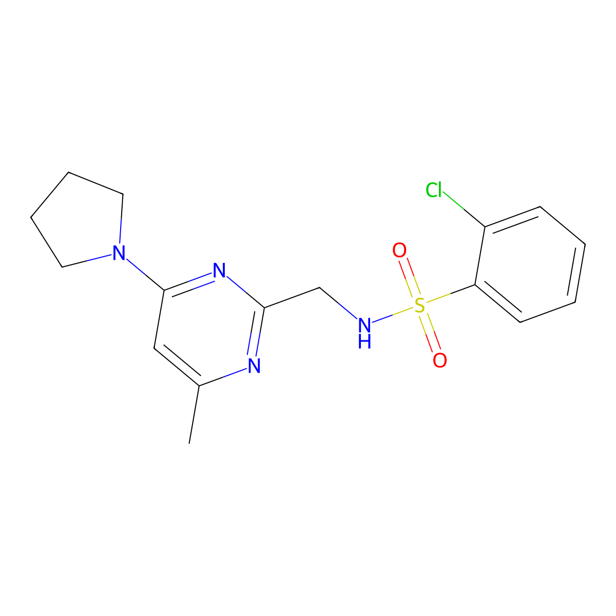 2-chloro-N-((4-methyl-6-(pyrrolidin-1-yl)pyrimidin-2-yl)methyl)benzenesulfonamide molecular structure, CAS 1797249-12-7