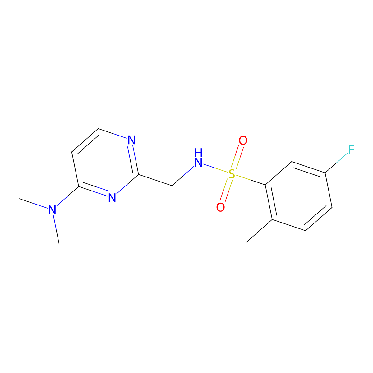 N-((4-(dimethylamino)pyrimidin-2-yl)methyl)-5-fluoro-2-methylbenzenesulfonamide molecular structure, CAS 1797251-77-4