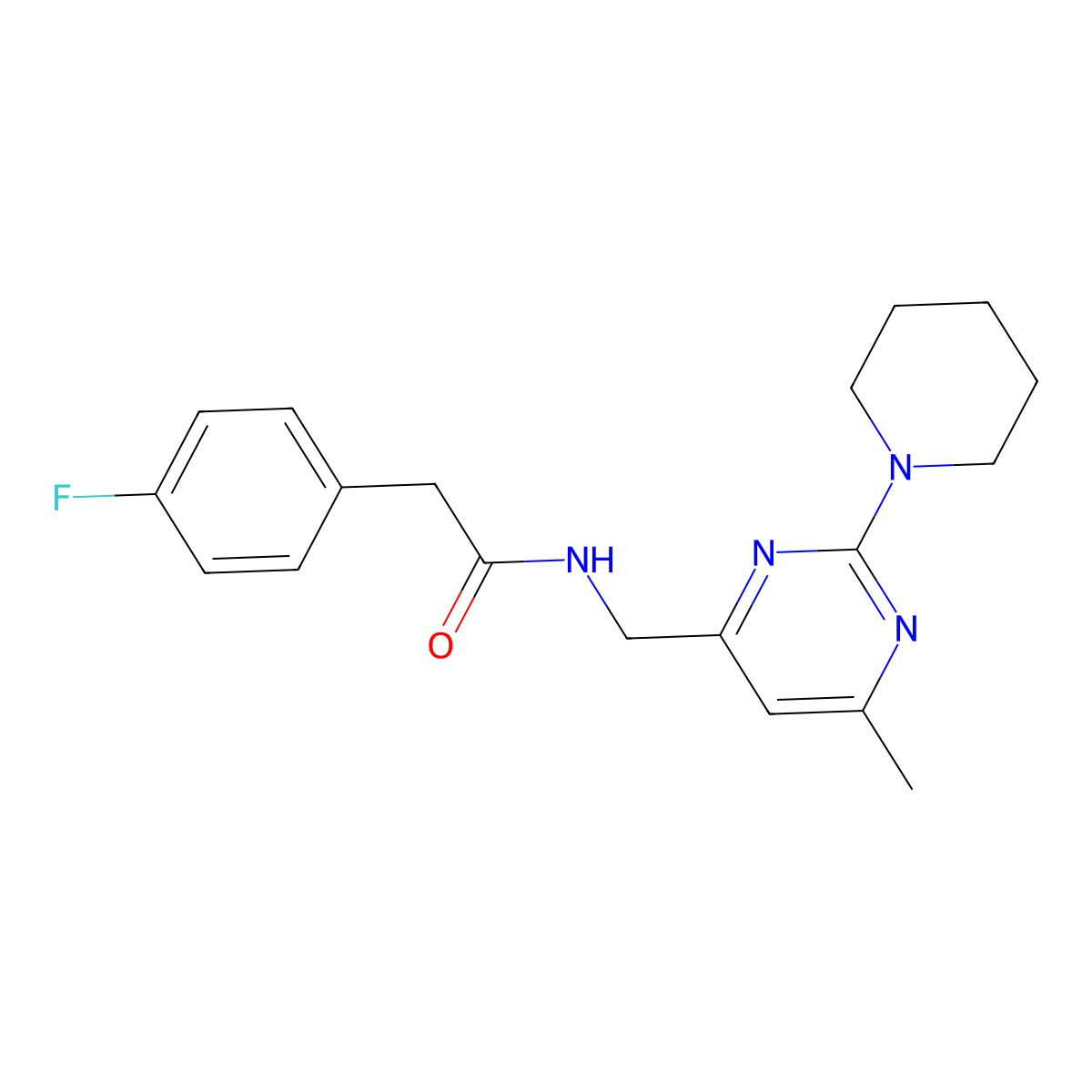 2-(4-fluorophenyl)-N-{[6-methyl-2-(piperidin-1-yl)pyrimidin-4-yl]methyl}acetamide molecular structure, CAS 1797252-35-7