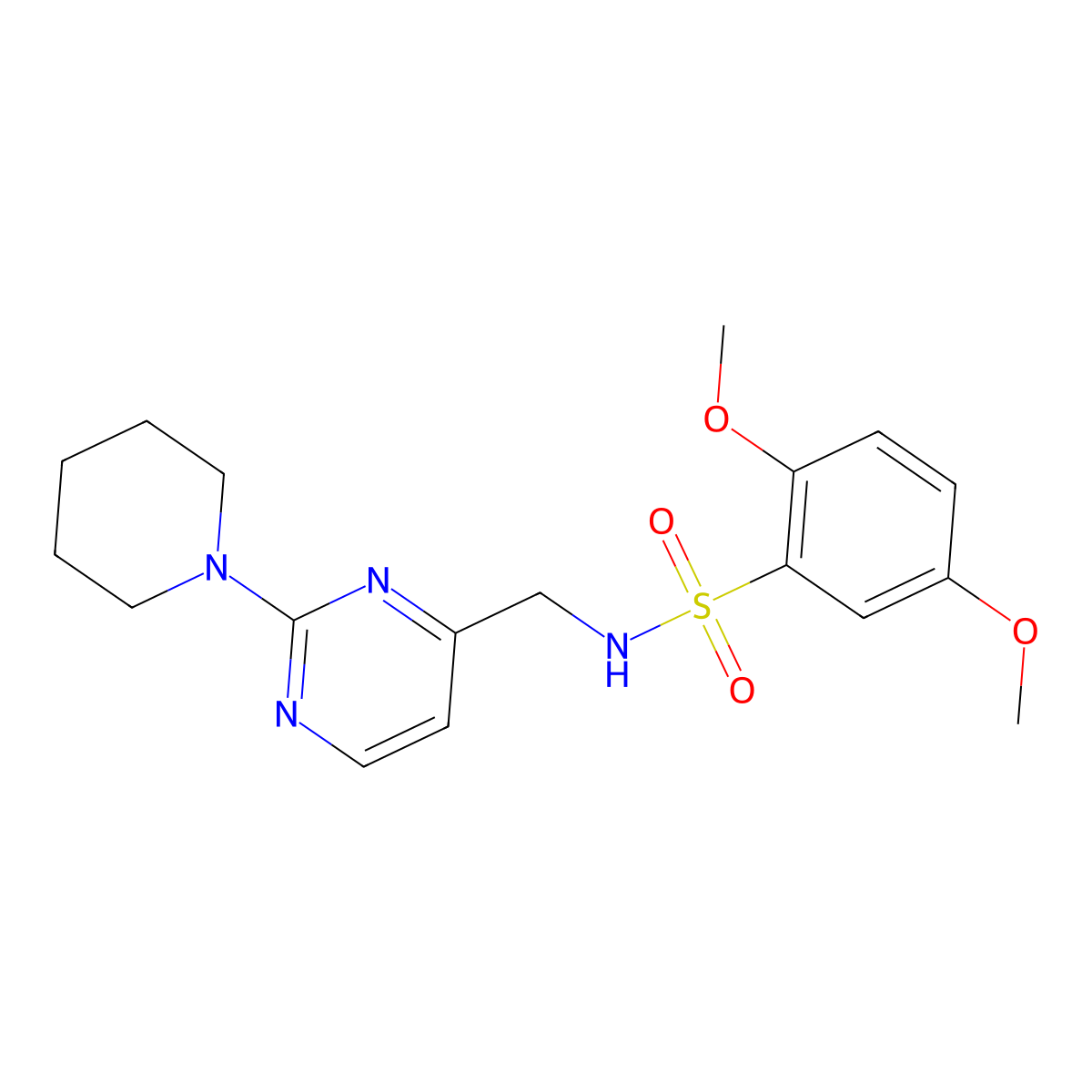 2,5-dimethoxy-N-((2-(piperidin-1-yl)pyrimidin-4-yl)methyl)benzenesulfonamide molecular structure, CAS 1797252-47-1