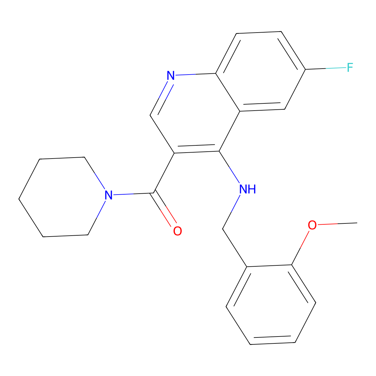 (6-Fluoro-4-((2-methoxybenzyl)amino)quinolin-3-yl)(piperidin-1-yl)methanone molecular structure, CAS 1797253-20-3