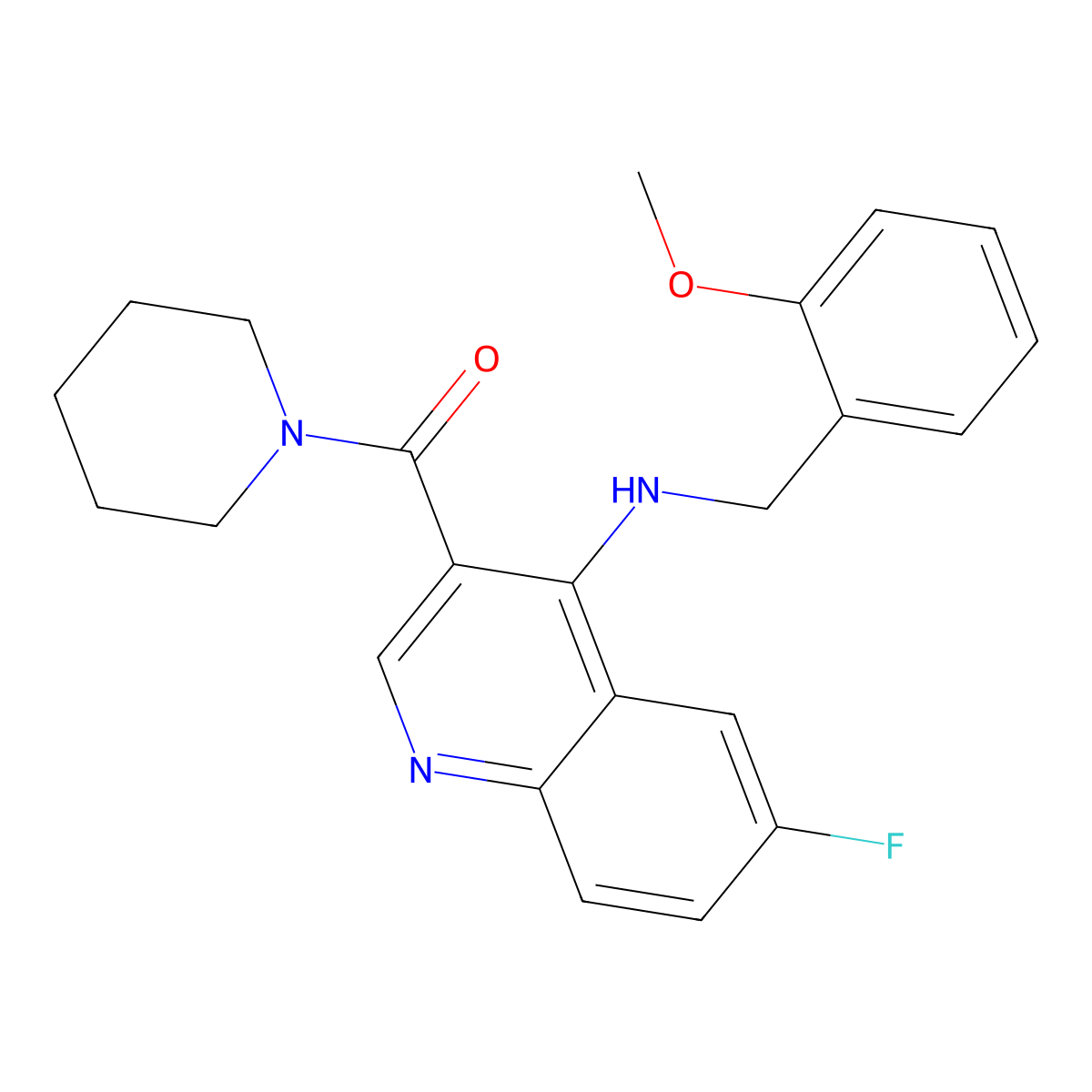 (6-Fluoro-4-((2-methoxybenzyl)amino)quinolin-3-yl)(piperidin-1-yl)methanone molecular structure, CAS 1797253-20-3