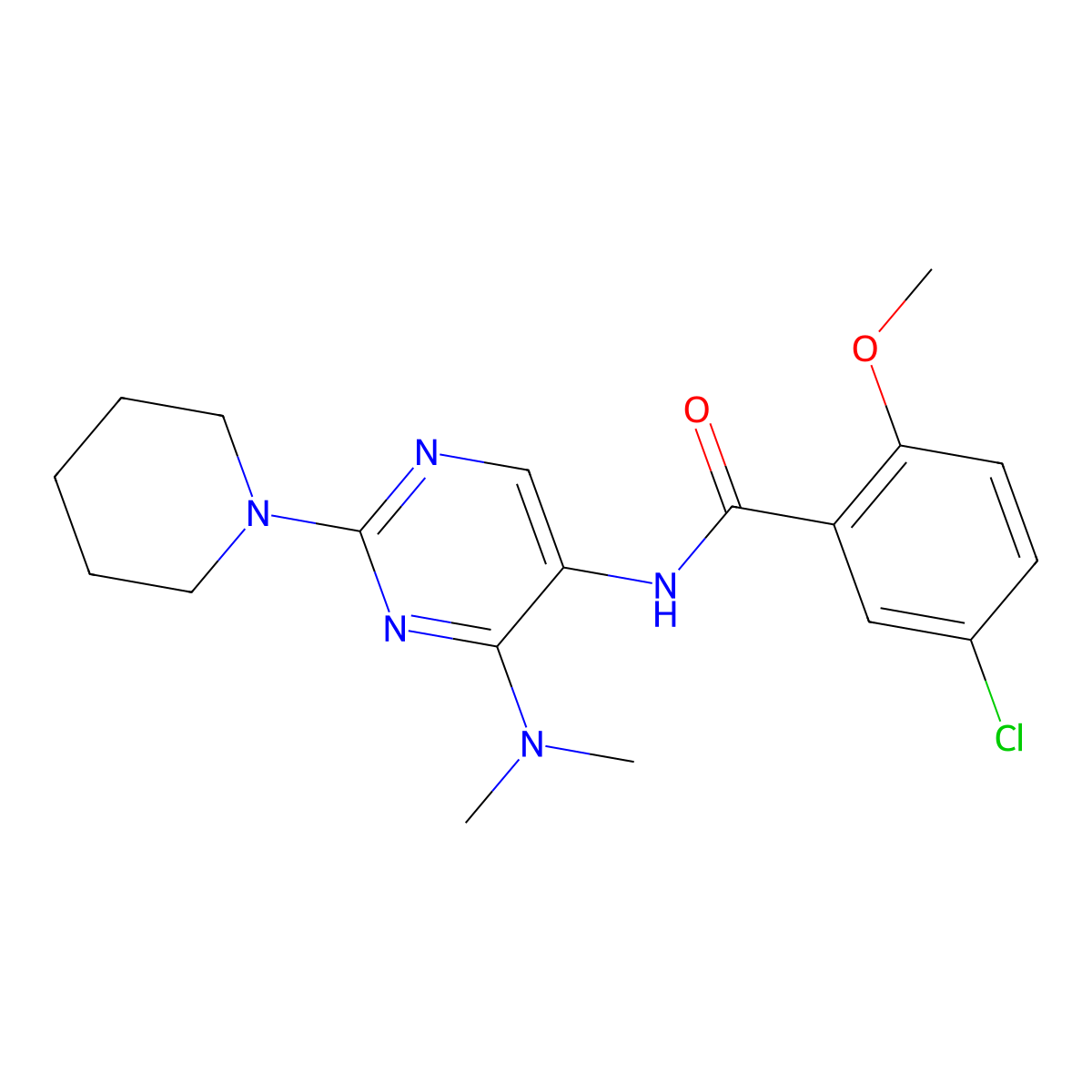 5-chloro-N-(4-(dimethylamino)-2-(piperidin-1-yl)pyrimidin-5-yl)-2-methoxybenzamide molecular structure, CAS 1797253-53-2