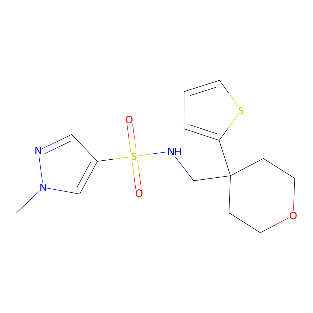 1-methyl-N-((4-(thiophen-2-yl)tetrahydro-2H-pyran-4-yl)methyl)-1H-pyrazole-4-sulfonamide molecular structure, CAS 1797255-41-4