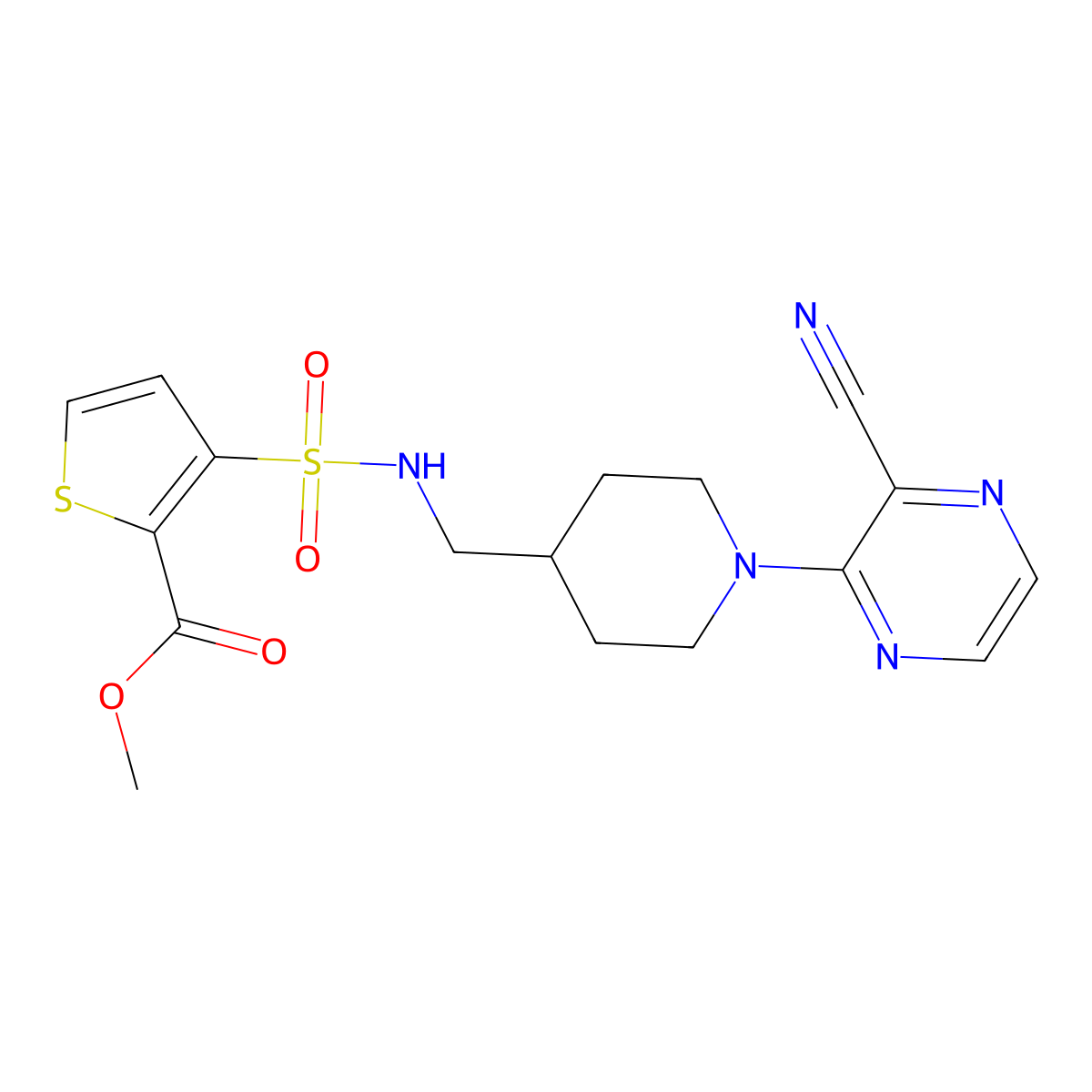 methyl 3-(N-((1-(3-cyanopyrazin-2-yl)piperidin-4-yl)methyl)sulfamoyl)thiophene-2-carboxylate molecular structure, CAS 1797258-12-8