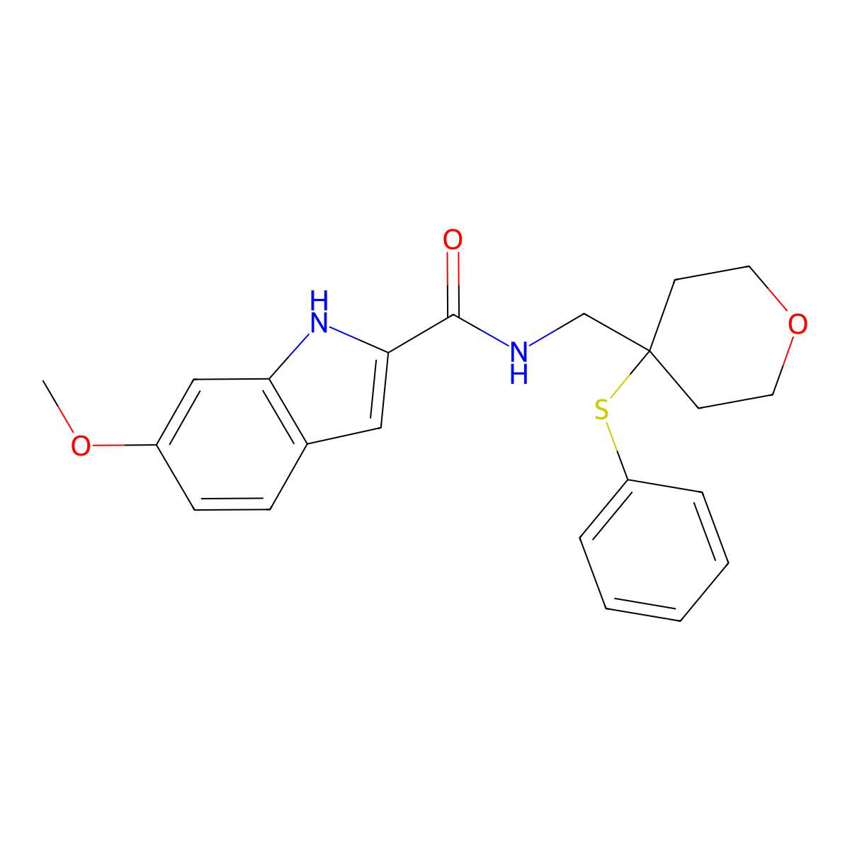 6-methoxy-N-((4-(phenylthio)tetrahydro-2H-pyran-4-yl)methyl)-1H-indole-2-carboxamide molecular structure, CAS 1797259-02-9