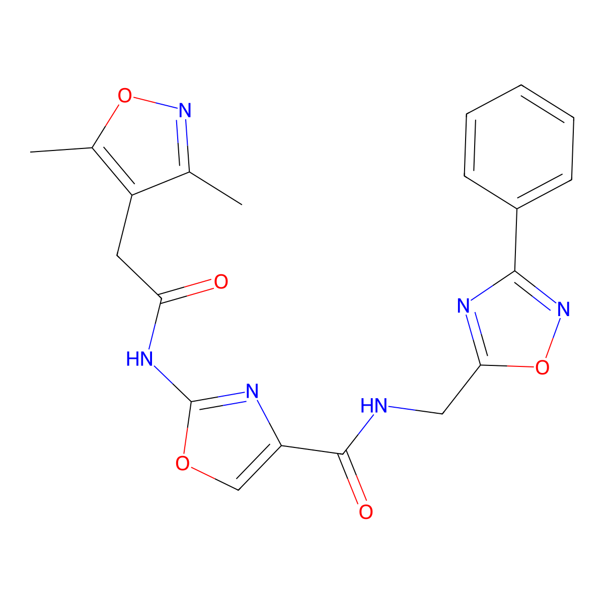 2-(2-(3,5-dimethylisoxazol-4-yl)acetamido)-N-((3-phenyl-1,2,4-oxadiazol-5-yl)methyl)oxazole-4-carboxamide molecular structure, CAS 1797259-34-7