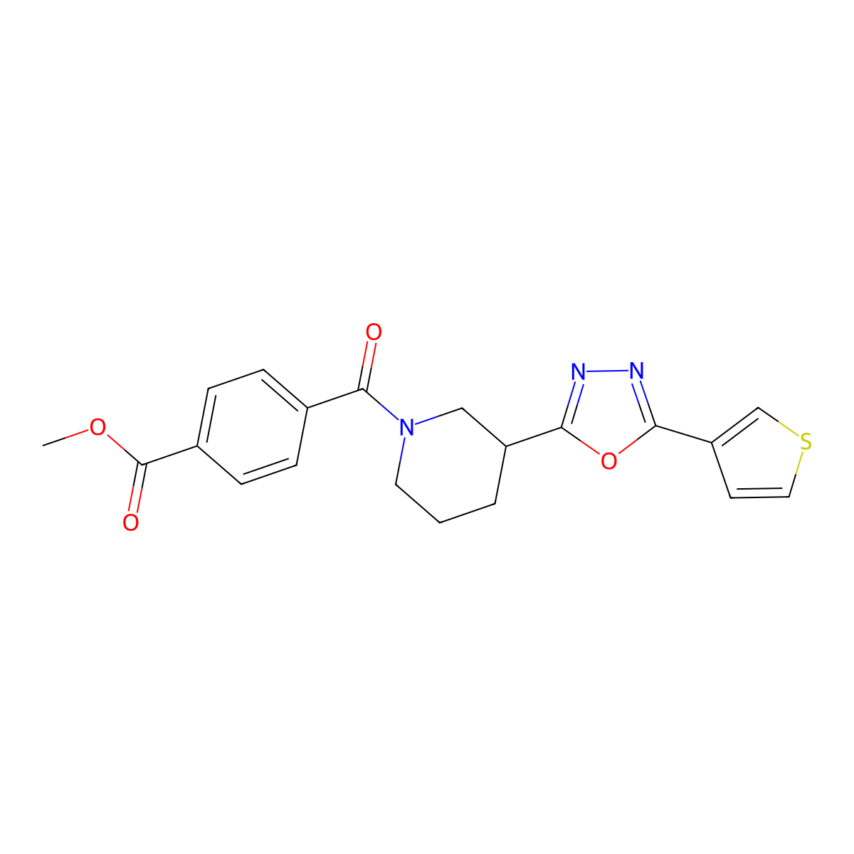 Methyl 4-{3-[5-(thiophen-3-yl)-1,3,4-oxadiazol-2-yl]piperidine-1-carbonyl}benzoate molecular structure, CAS 1797259-44-9
