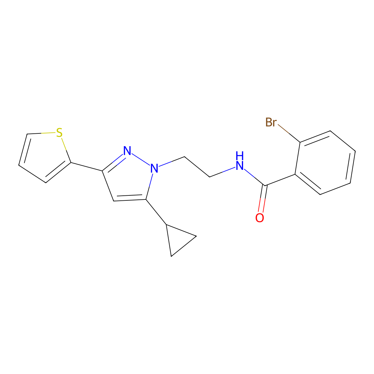 2-bromo-N-(2-(5-cyclopropyl-3-(thiophen-2-yl)-1H-pyrazol-1-yl)ethyl)benzamide molecular structure, CAS 1797259-49-4