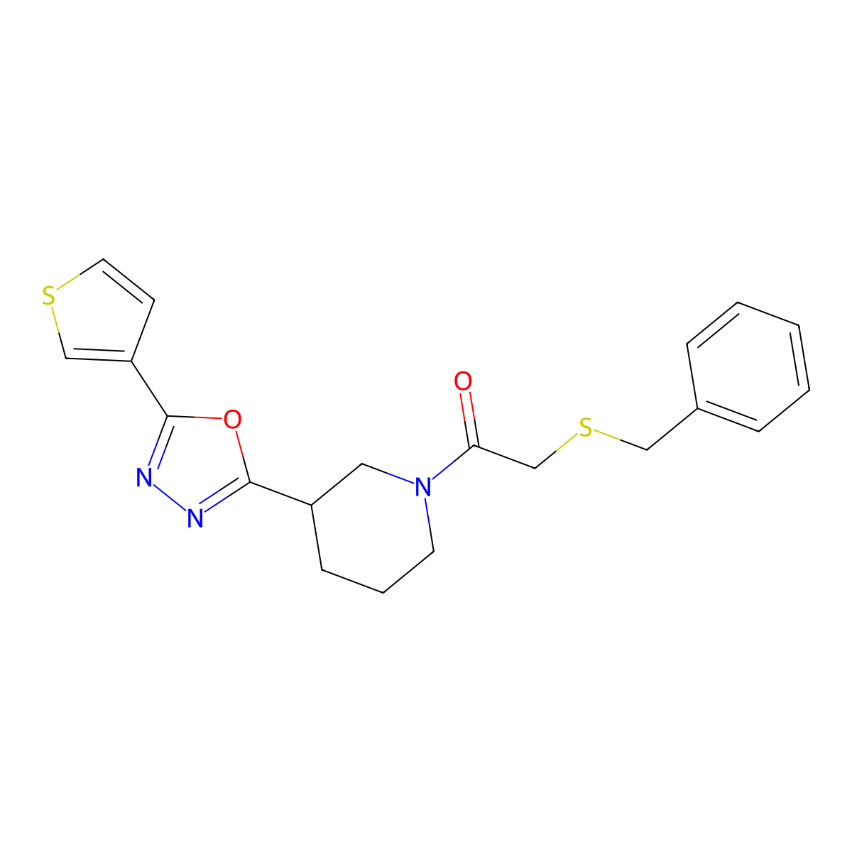2-(Benzylthio)-1-(3-(5-(thiophen-3-yl)-1,3,4-oxadiazol-2-yl)piperidin-1-yl)ethanone molecular structure, CAS 1797259-51-8