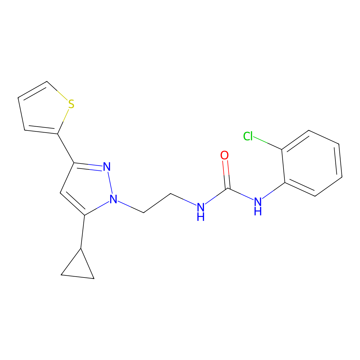 1-(2-chlorophenyl)-3-(2-(5-cyclopropyl-3-(thiophen-2-yl)-1H-pyrazol-1-yl)ethyl)urea molecular structure, CAS 1797259-56-3