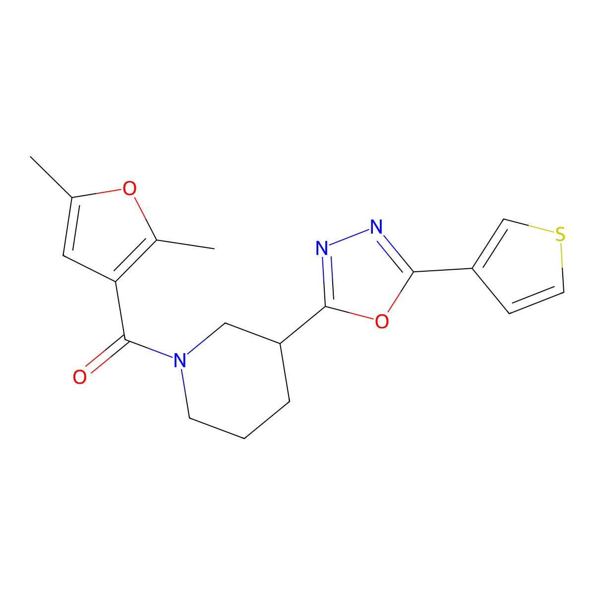 (2,5-Dimethylfuran-3-yl)(3-(5-(thiophen-3-yl)-1,3,4-oxadiazol-2-yl)piperidin-1-yl)methanone molecular structure, CAS 1797259-60-9