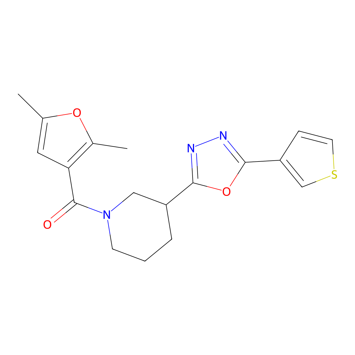 (2,5-Dimethylfuran-3-yl)(3-(5-(thiophen-3-yl)-1,3,4-oxadiazol-2-yl)piperidin-1-yl)methanone molecular structure, CAS 1797259-60-9