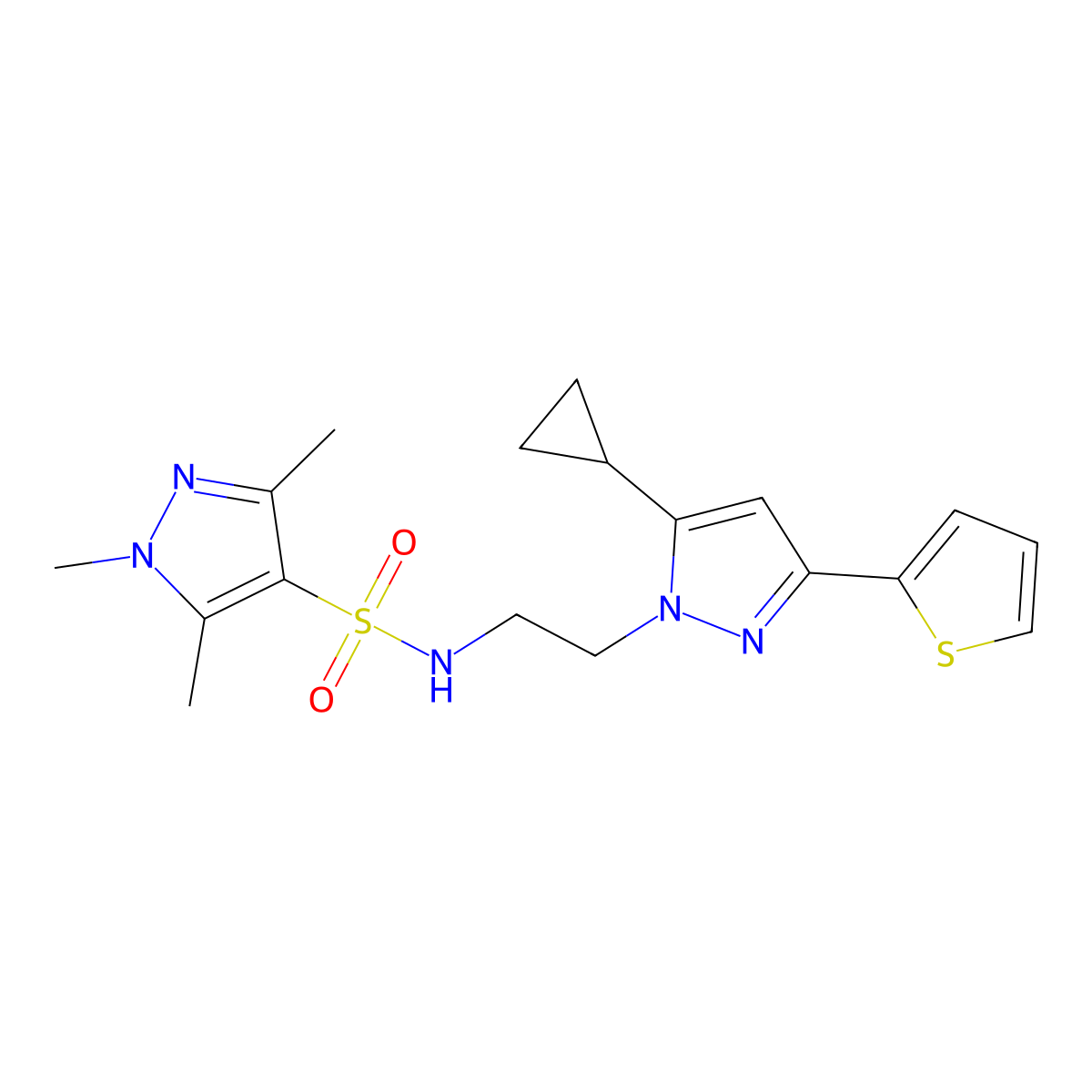 N-(2-(5-cyclopropyl-3-(thiophen-2-yl)-1H-pyrazol-1-yl)ethyl)-1,3,5-trimethyl-1H-pyrazole-4-sulfonamide molecular structure, CAS 1797259-63-2