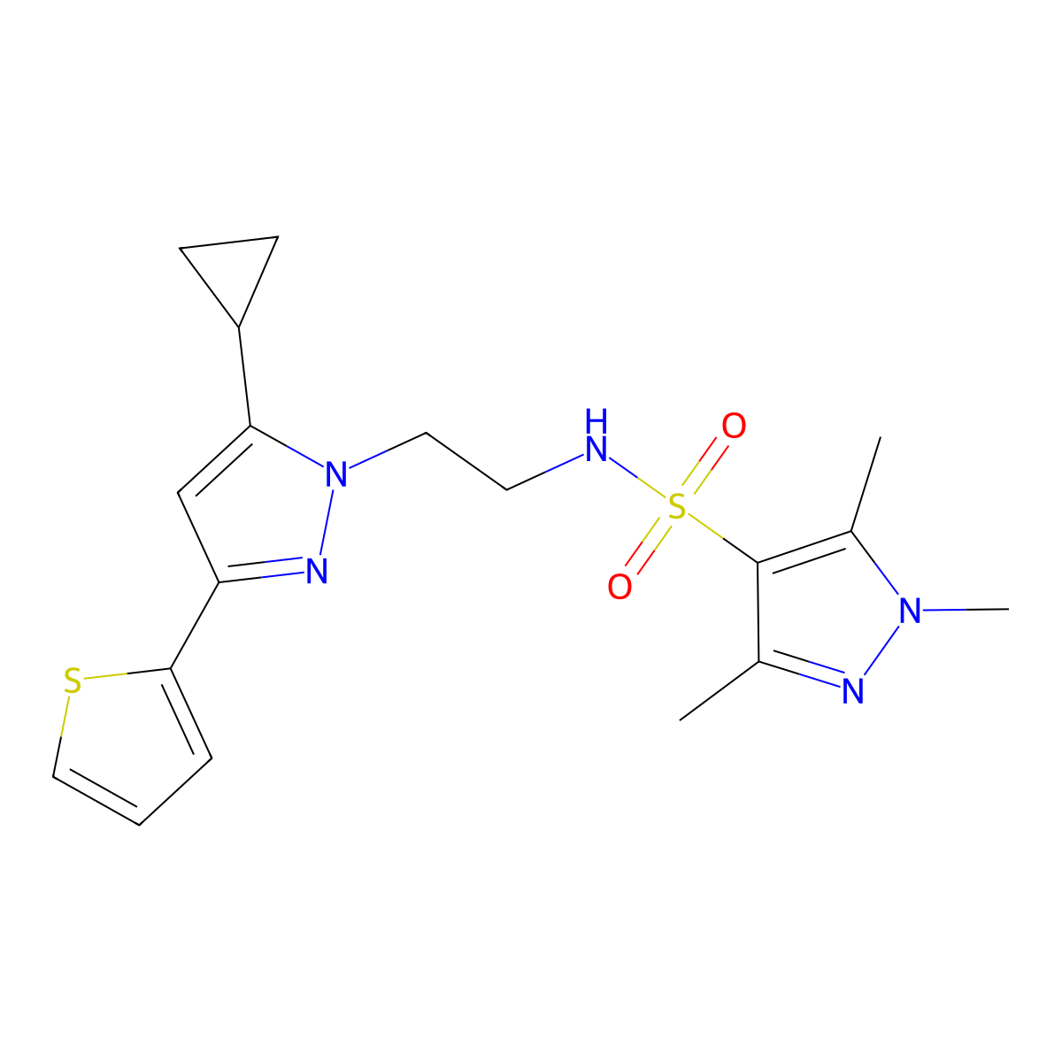 N-(2-(5-cyclopropyl-3-(thiophen-2-yl)-1H-pyrazol-1-yl)ethyl)-1,3,5-trimethyl-1H-pyrazole-4-sulfonamide molecular structure, CAS 1797259-63-2