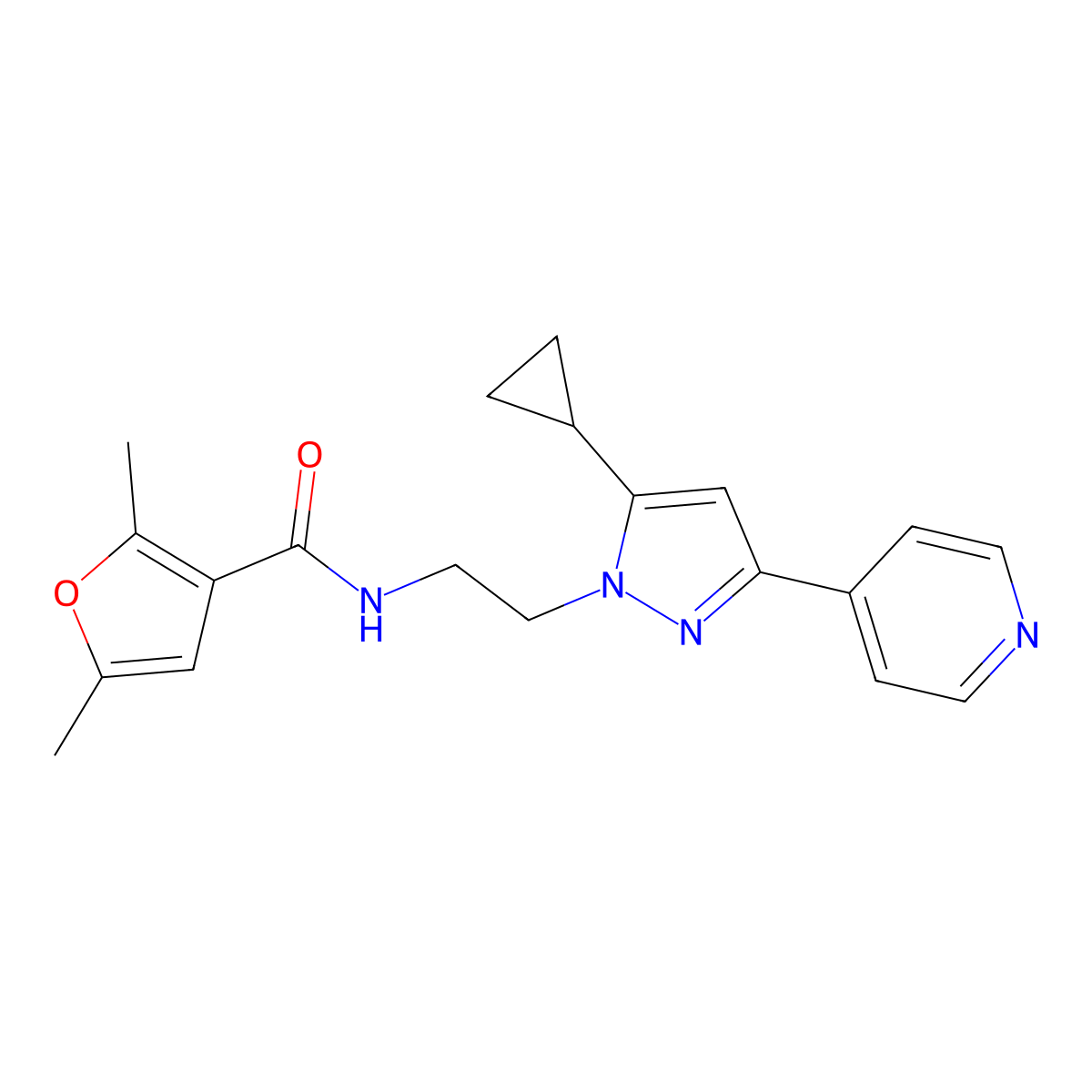 N-(2-(5-cyclopropyl-3-(pyridin-4-yl)-1H-pyrazol-1-yl)ethyl)-2,5-dimethylfuran-3-carboxamide molecular structure, CAS 1797259-76-7