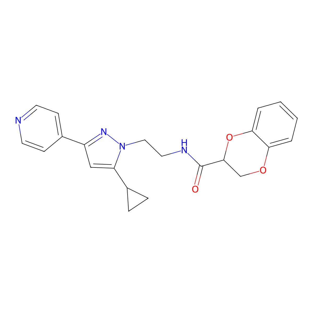 N-(2-(5-cyclopropyl-3-(pyridin-4-yl)-1H-pyrazol-1-yl)ethyl)-2,3-dihydrobenzo[b][1,4]dioxine-2-carboxamide molecular structure, CAS 1797259-86-9