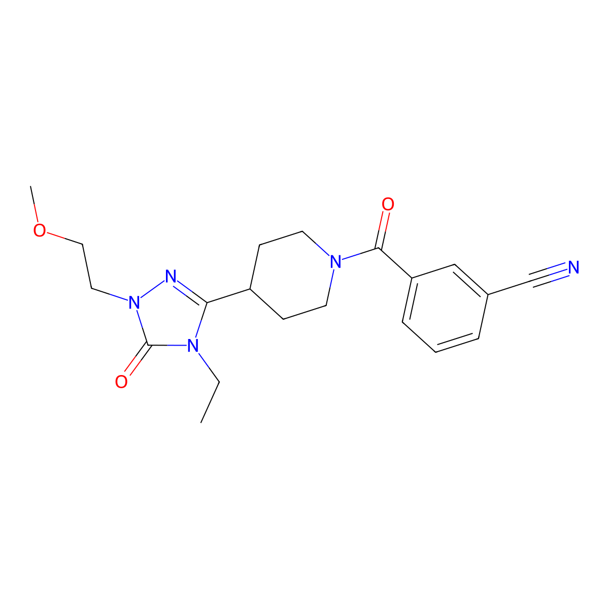 3-(4-(4-ethyl-1-(2-methoxyethyl)-5-oxo-4,5-dihydro-1H-1,2,4-triazol-3-yl)piperidine-1-carbonyl)benzonitrile molecular structure, CAS 1797259-93-8