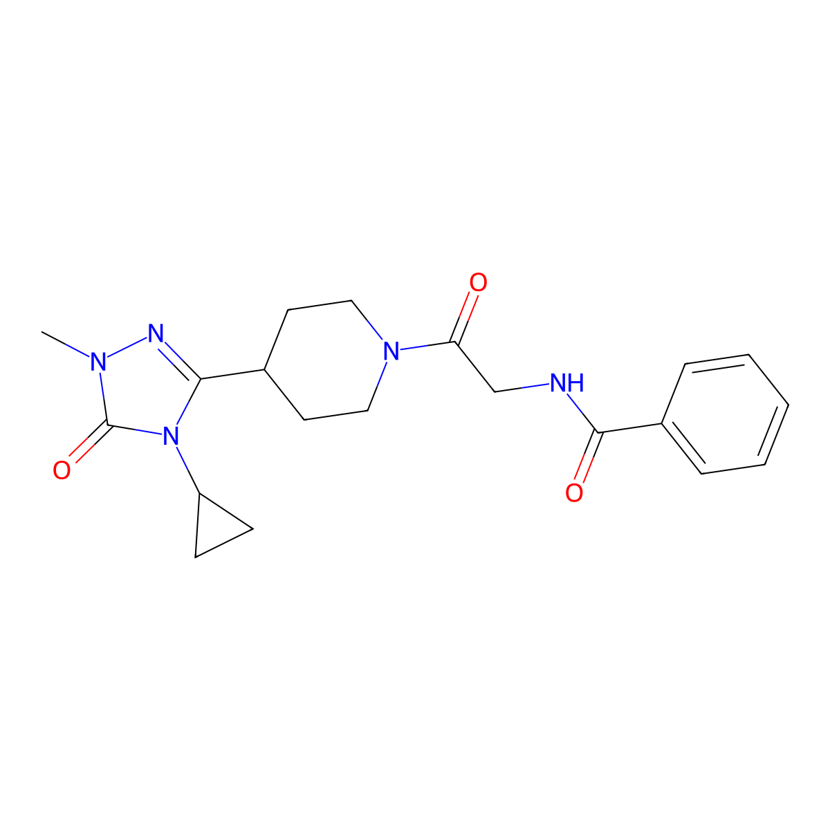 N-{2-[4-(4-cyclopropyl-1-methyl-5-oxo-4,5-dihydro-1H-1,2,4-triazol-3-yl)piperidin-1-yl]-2-oxoethyl}benzamide molecular structure, CAS 1797260-05-9