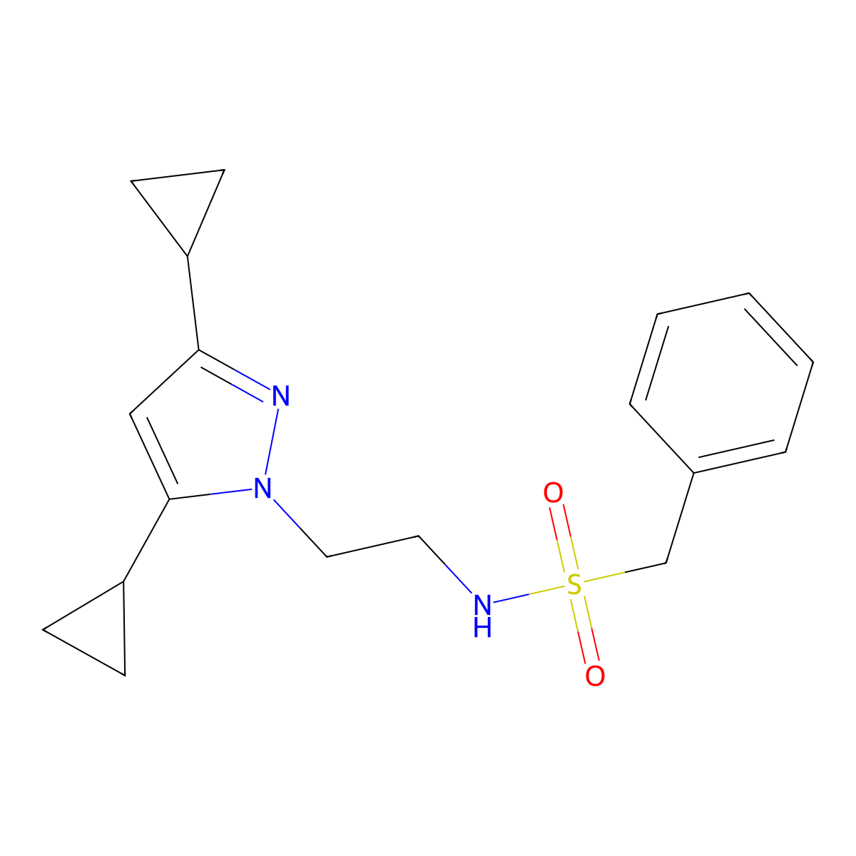 N-(2-(3,5-dicyclopropyl-1H-pyrazol-1-yl)ethyl)-1-phenylmethanesulfonamide molecular structure, CAS 1797260-44-6