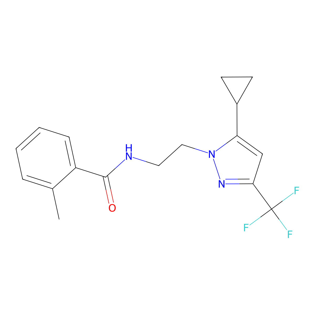 N-{2-[5-cyclopropyl-3-(trifluoromethyl)-1H-pyrazol-1-yl]ethyl}-2-methylbenzamide molecular structure, CAS 1797260-55-9