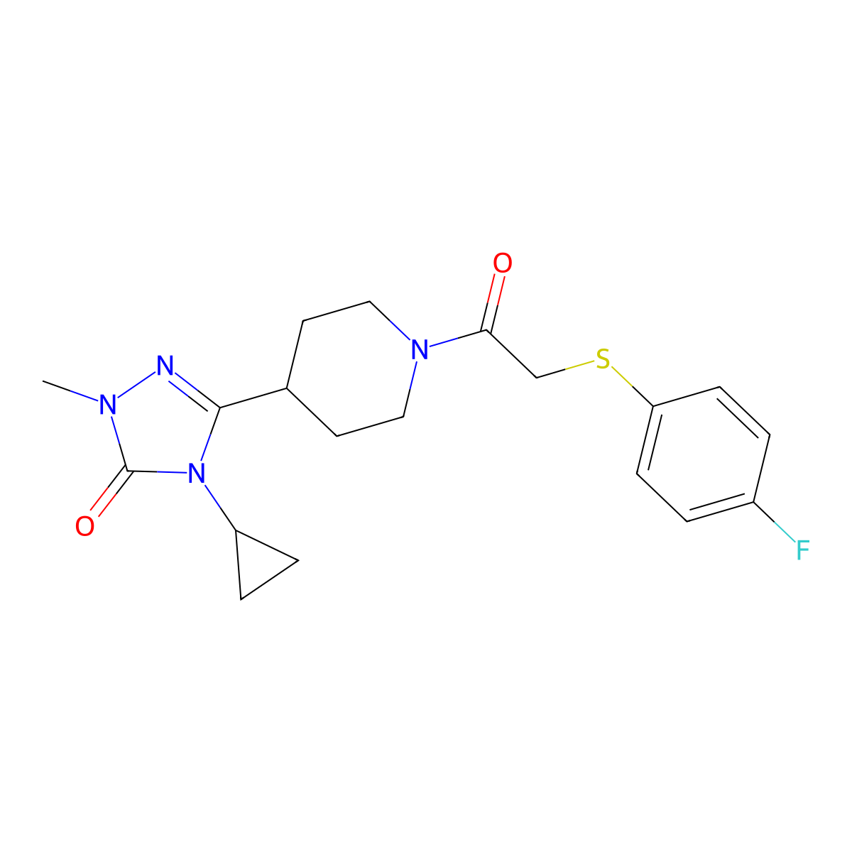 4-cyclopropyl-3-(1-(2-((4-fluorophenyl)thio)acetyl)piperidin-4-yl)-1-methyl-1H-1,2,4-triazol-5(4H)-one molecular structure, CAS 1797260-59-3