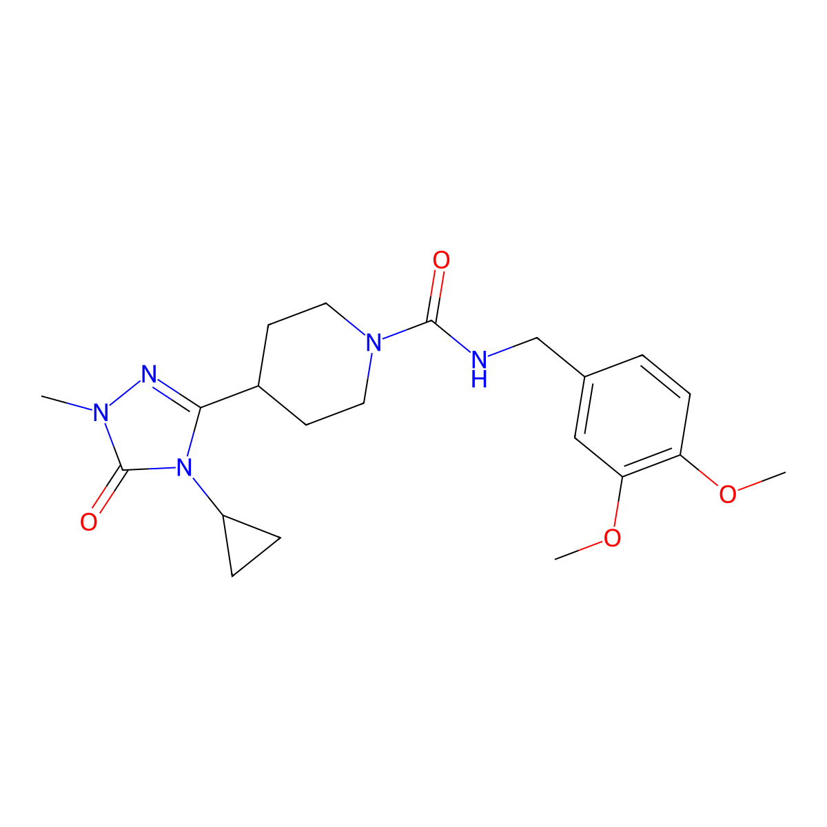 4-(4-cyclopropyl-1-methyl-5-oxo-4,5-dihydro-1H-1,2,4-triazol-3-yl)-N-(3,4-dimethoxybenzyl)piperidine-1-carboxamide molecular structure, CAS 1797260-65-1