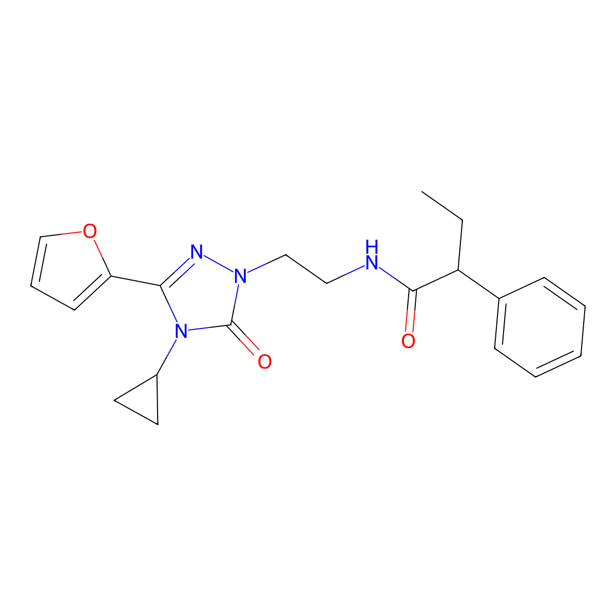 N-{2-[4-cyclopropyl-3-(furan-2-yl)-5-oxo-4,5-dihydro-1H-1,2,4-triazol-1-yl]ethyl}-2-phenylbutanamide molecular structure, CAS 1797260-76-4