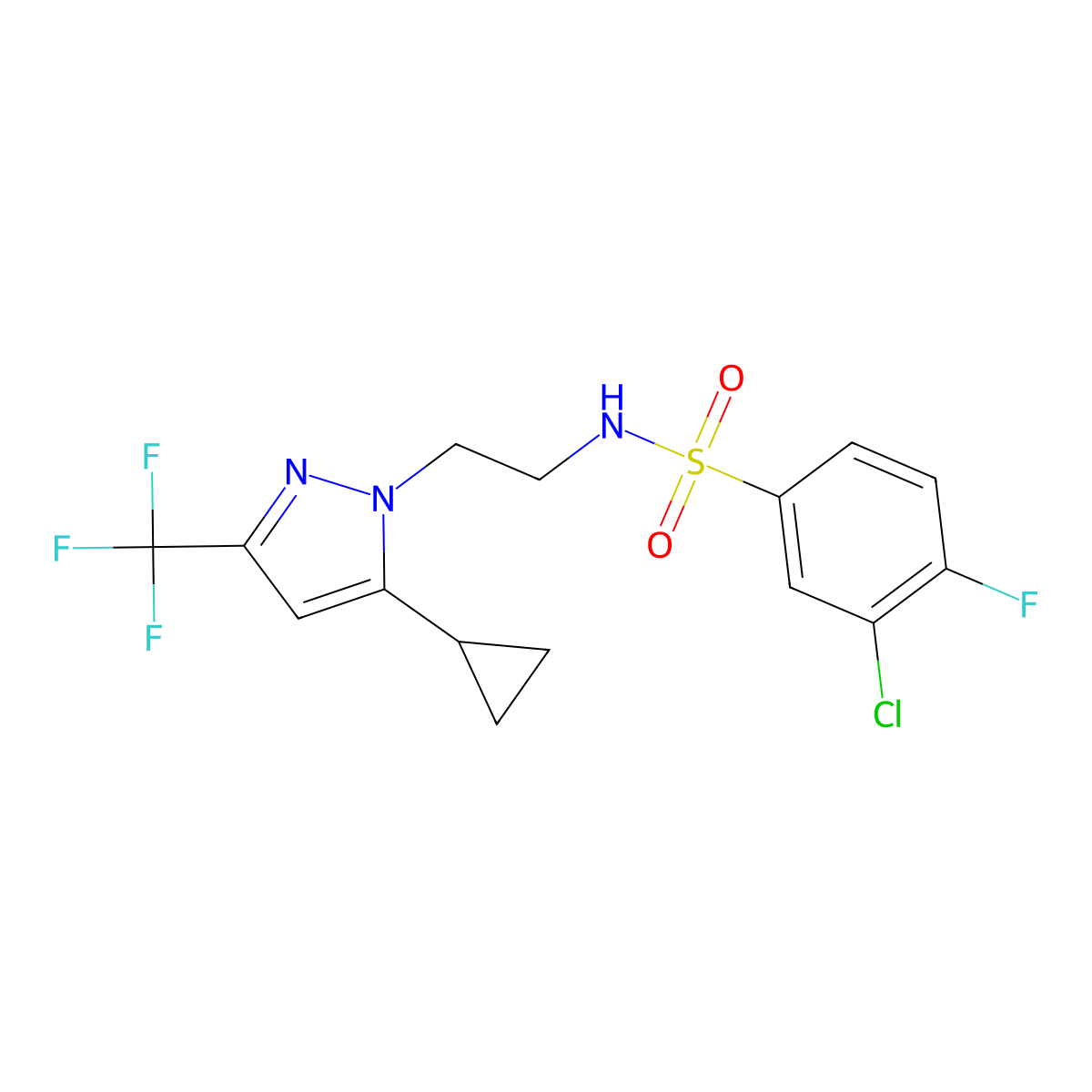 3-chloro-N-(2-(5-cyclopropyl-3-(trifluoromethyl)-1H-pyrazol-1-yl)ethyl)-4-fluorobenzenesulfonamide molecular structure, CAS 1797260-78-6