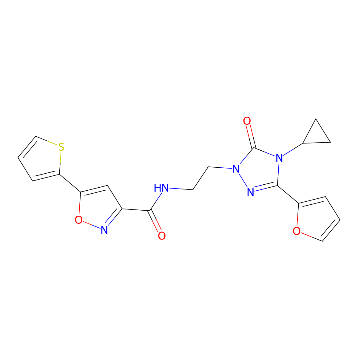 N-{2-[4-cyclopropyl-3-(furan-2-yl)-5-oxo-4,5-dihydro-1H-1,2,4-triazol-1-yl]ethyl}-5-(thiophen-2-yl)-1,2-oxazole-3-carboxamide molecular structure, CAS 1797260-84-4