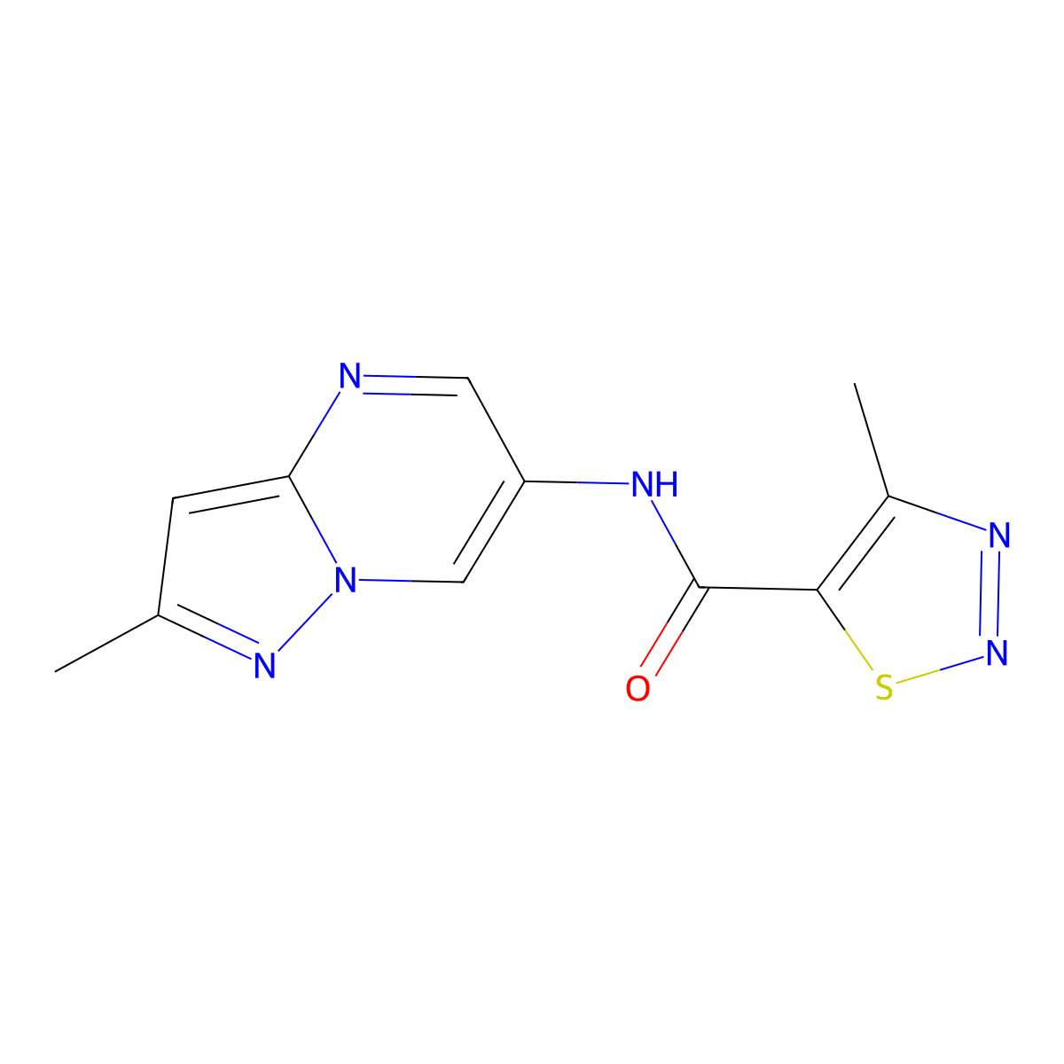 4-methyl-N-{2-methylpyrazolo[1,5-a]pyrimidin-6-yl}-1,2,3-thiadiazole-5-carboxamide molecular structure, CAS 1797261-17-6