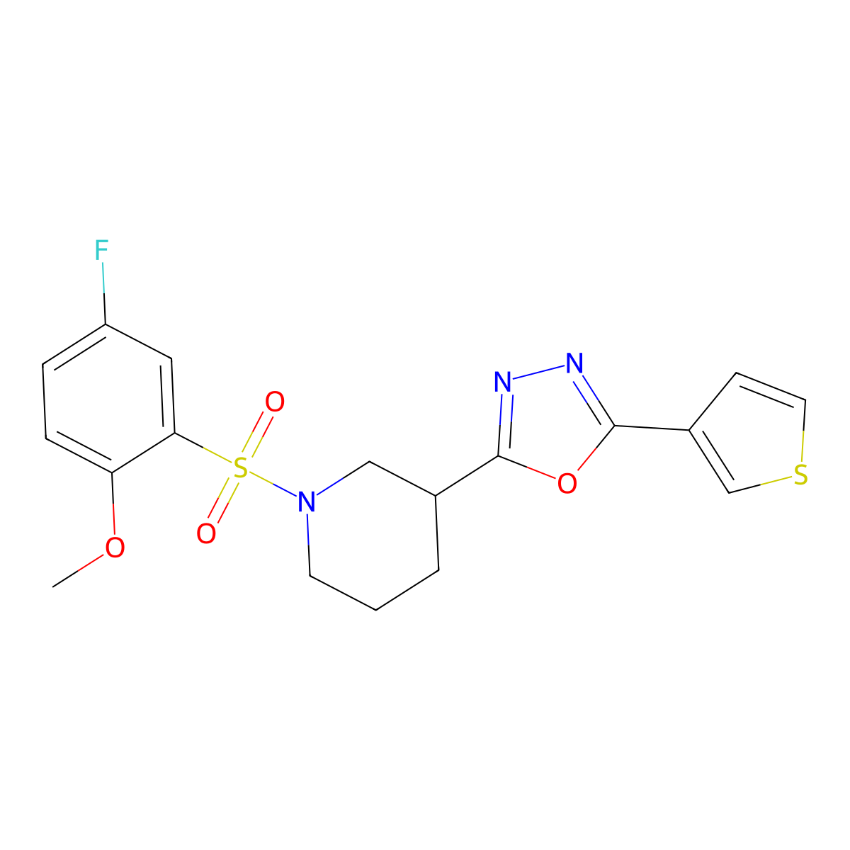 2-(1-((5-Fluoro-2-methoxyphenyl)sulfonyl)piperidin-3-yl)-5-(thiophen-3-yl)-1,3,4-oxadiazole molecular structure, CAS 1797261-26-7