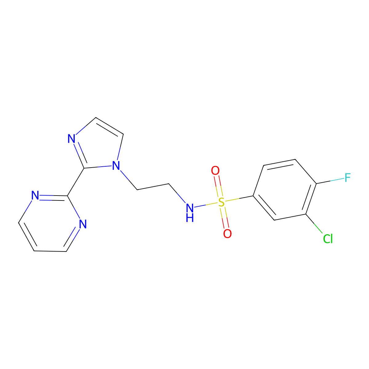 3-chloro-4-fluoro-N-(2-(2-(pyrimidin-2-yl)-1H-imidazol-1-yl)ethyl)benzenesulfonamide molecular structure, CAS 1797261-31-4