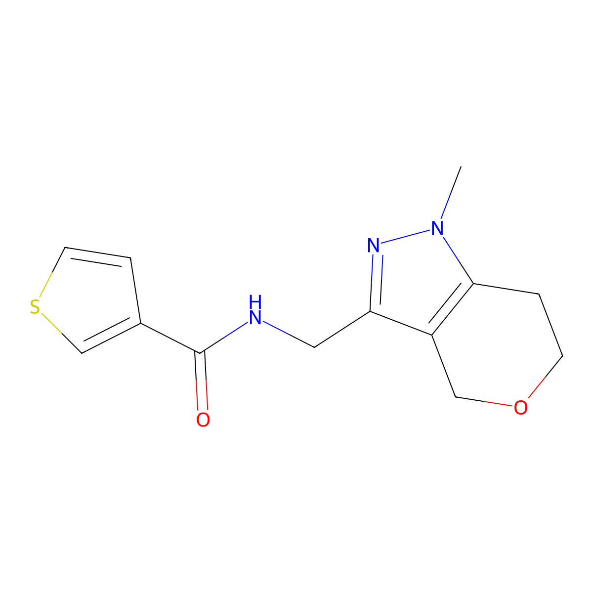 N-((1-methyl-1,4,6,7-tetrahydropyrano[4,3-c]pyrazol-3-yl)methyl)thiophene-3-carboxamide molecular structure, CAS 1797261-58-5