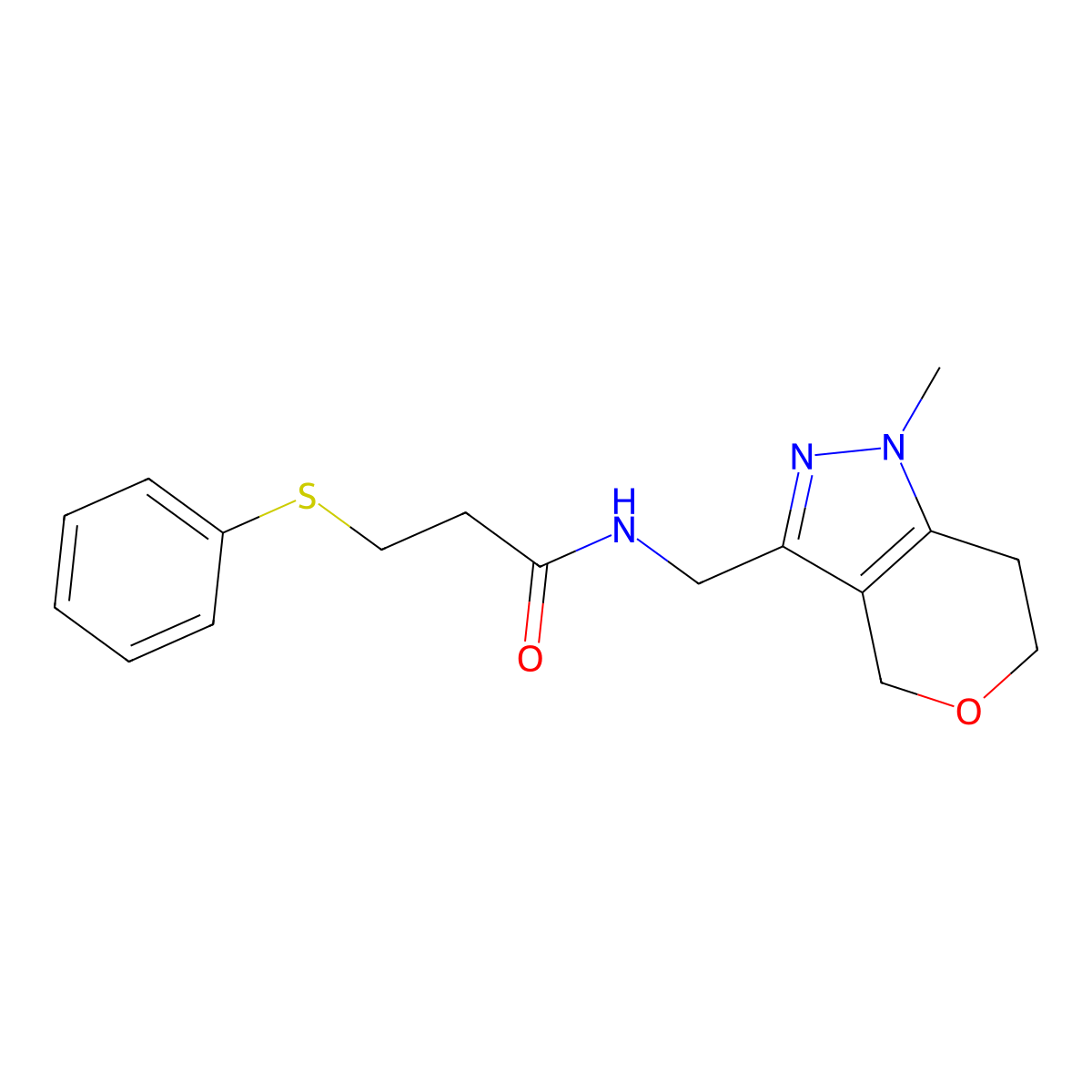 N-((1-methyl-1,4,6,7-tetrahydropyrano[4,3-c]pyrazol-3-yl)methyl)-3-(phenylthio)propanamide molecular structure, CAS 1797261-66-5