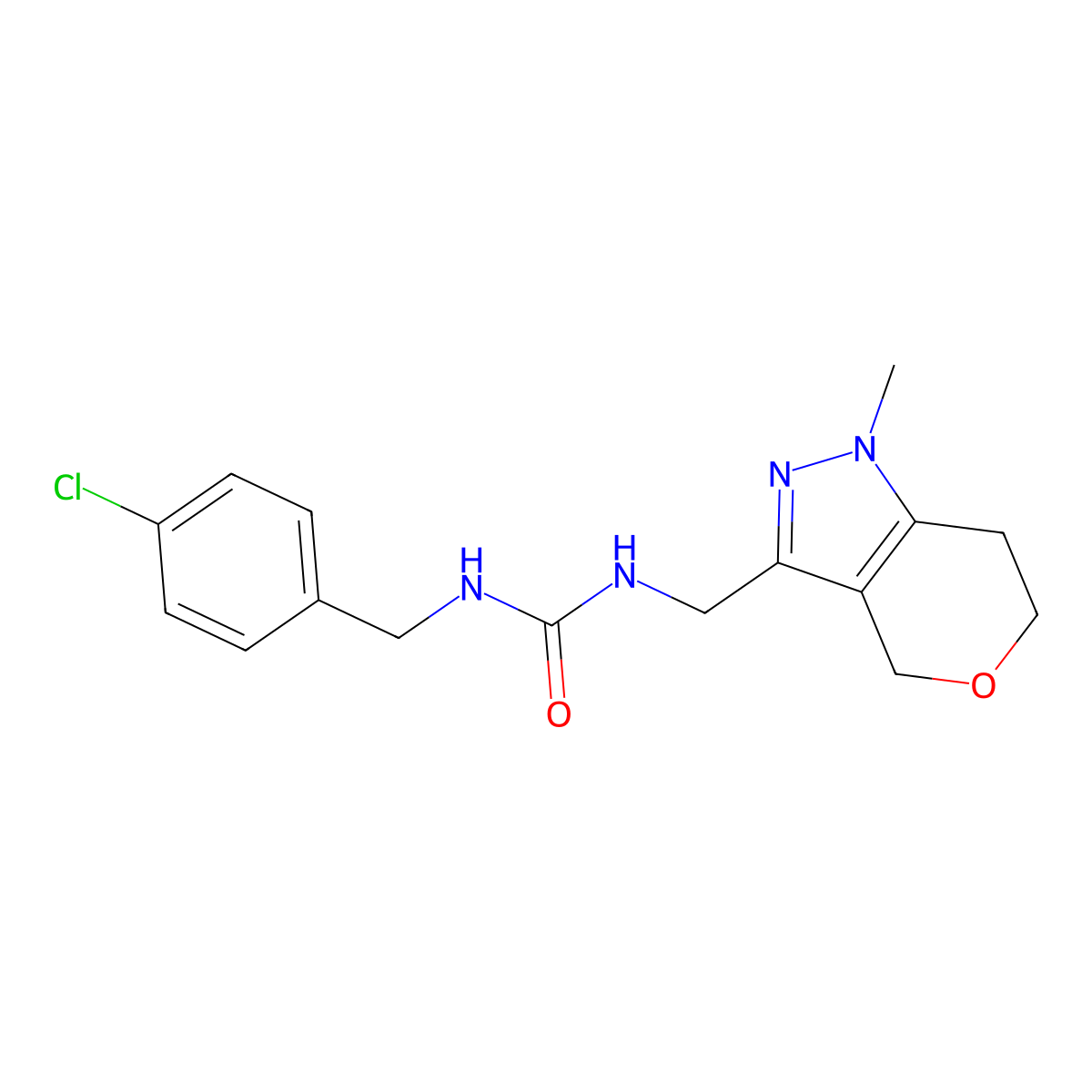1-(4-Chlorobenzyl)-3-((1-methyl-1,4,6,7-tetrahydropyrano[4,3-c]pyrazol-3-yl)methyl)urea molecular structure, CAS 1797262-10-2