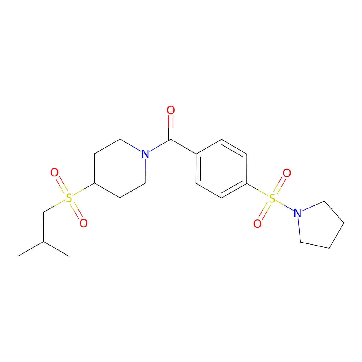 (4-(Isobutylsulfonyl)piperidin-1-yl)(4-(pyrrolidin-1-ylsulfonyl)phenyl)methanone molecular structure, CAS 1797262-98-6