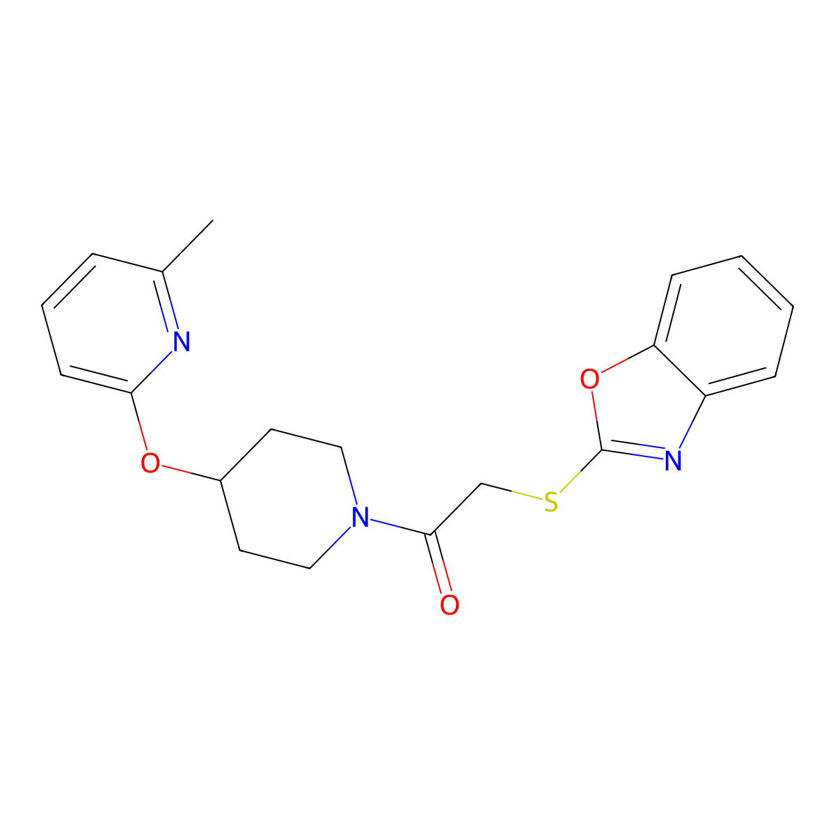 2-(Benzo[d]oxazol-2-ylthio)-1-(4-((6-methylpyridin-2-yl)oxy)piperidin-1-yl)ethanone molecular structure, CAS 1797266-99-9